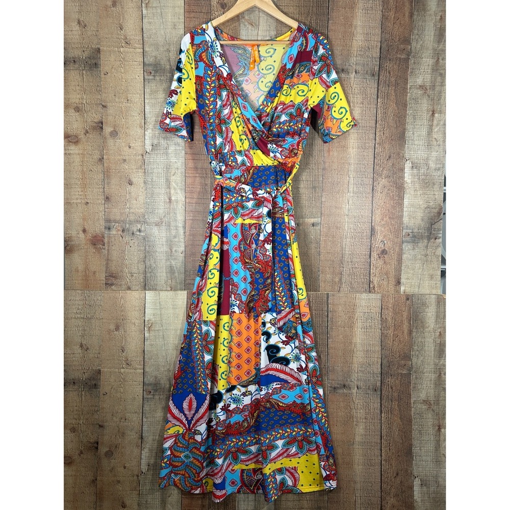 Boho Patchwork Maxi Dress Wrap Style Medium M Colorful Festival Flutter Sleeve - Picture 2 of 9